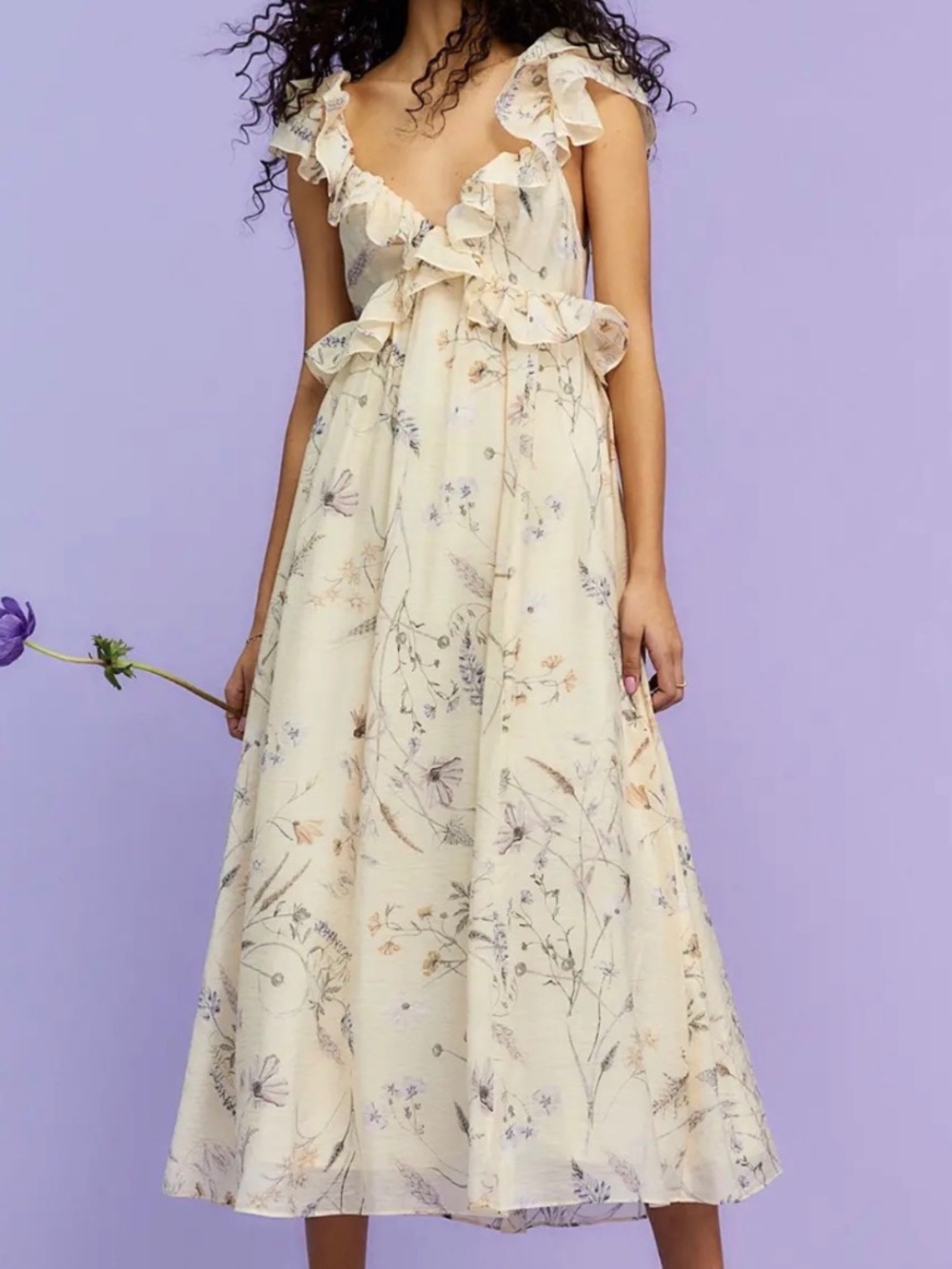 H&M Cream Lyocell Blend Flounce Midi Dress